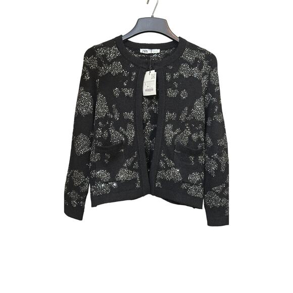 ZARA Sequin Metallic Thread Knit Cardigan Sweater, Black Silver Holiday Party S - Picture 2 of 10